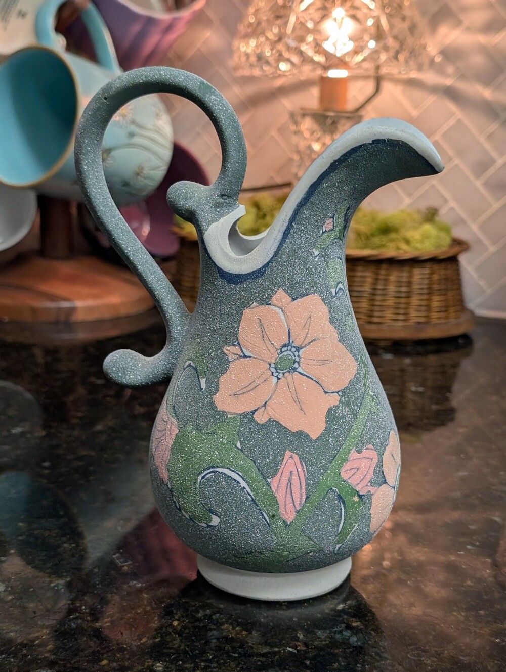 Hand-Painted Floral Ceramic Sand Textured Pitcher - Blue-Green with Pink Flowers